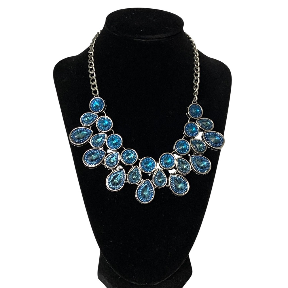 Kohl's Blue Glass Statement Necklace Earrings Set Silver Tone Womens Jewelry